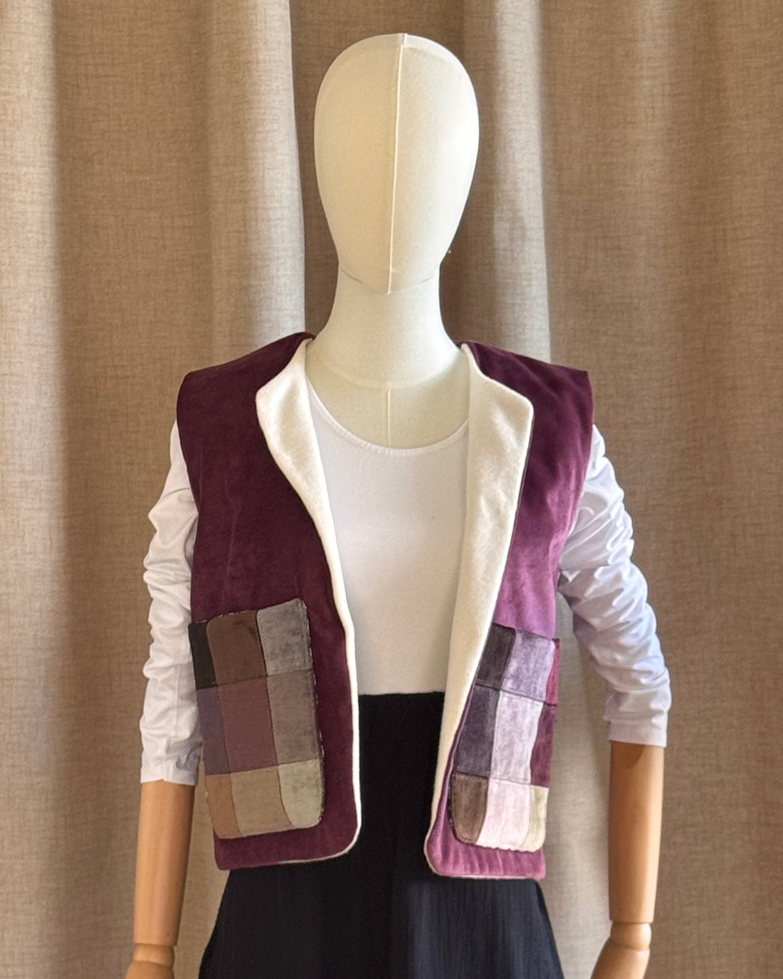 Gilet sans manche velours chenille patchwork prune doublure