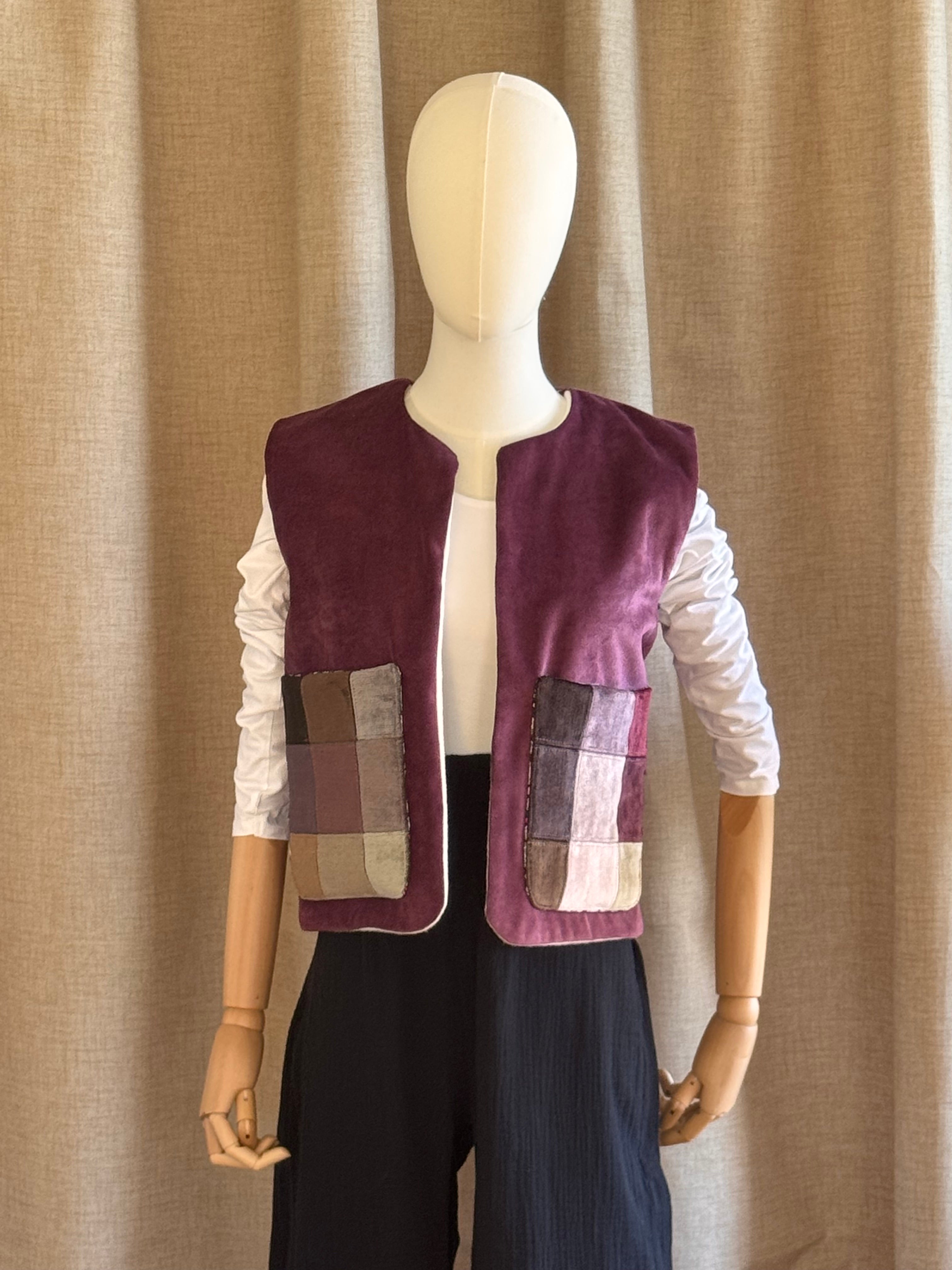 Gilet sans manche velours chenille patchwork prune face