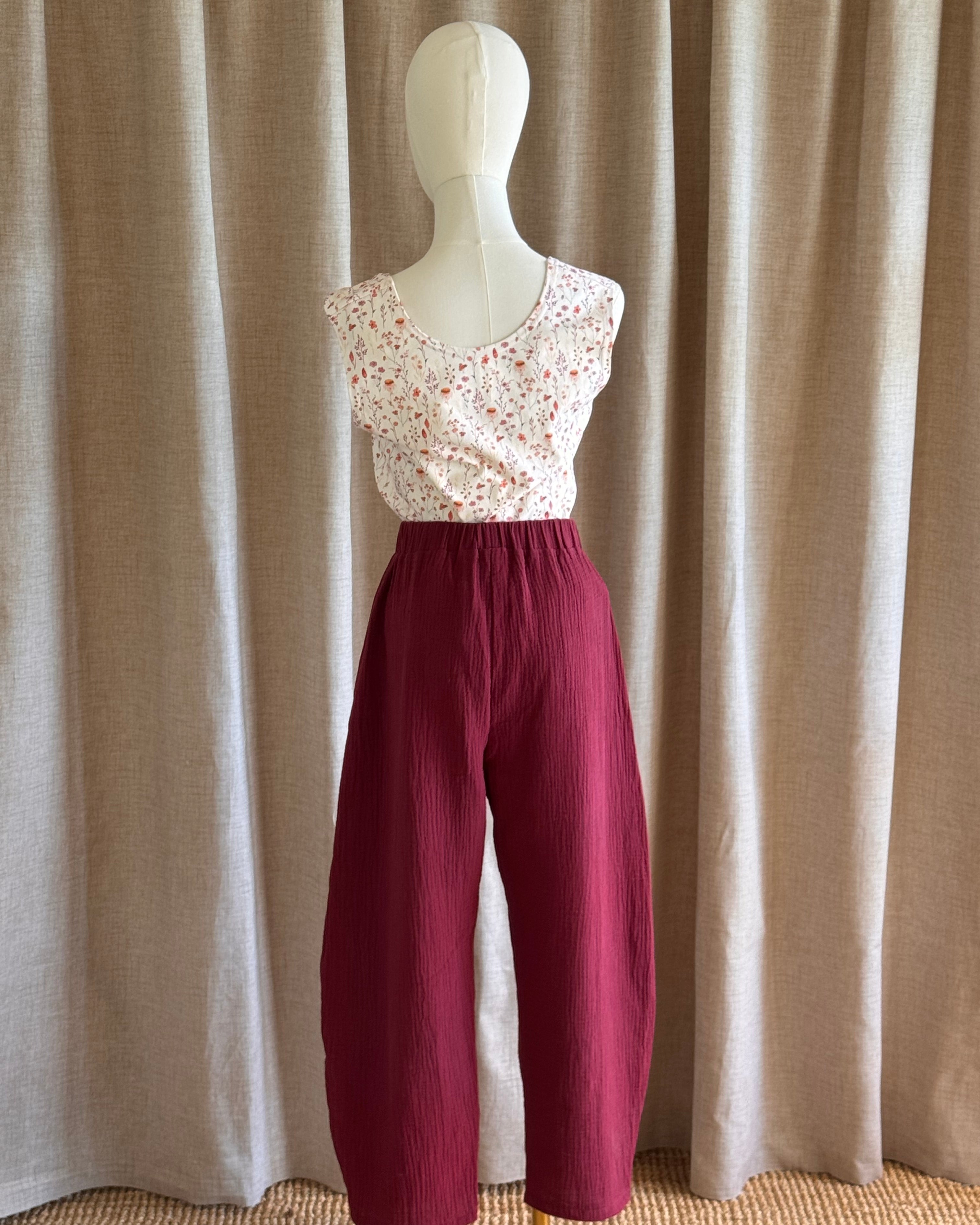 Pantalon coton barrel leg double gaze lie de vin de dos