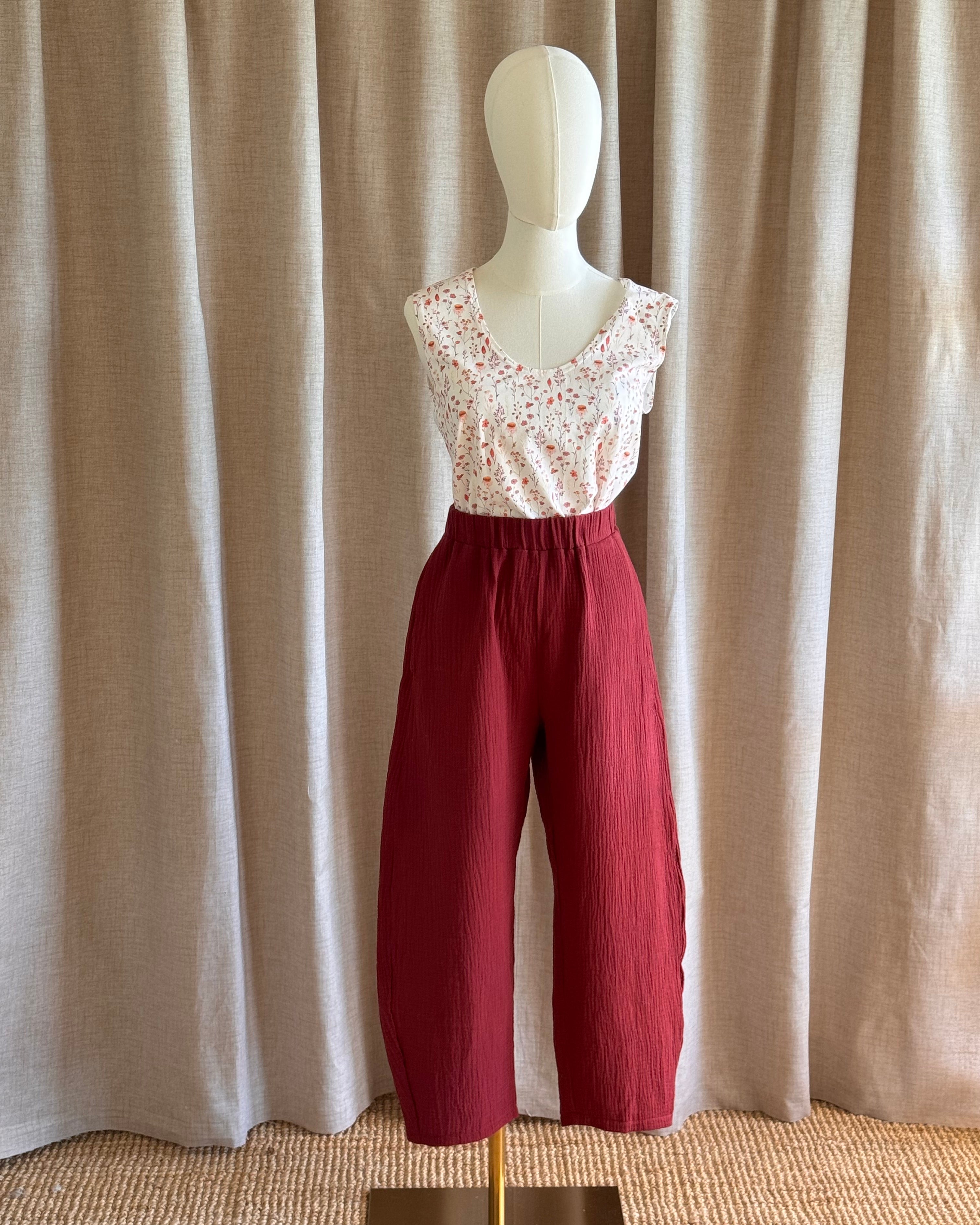 Pantalon coton barrel leg double_
 gaze lie de vin de face
