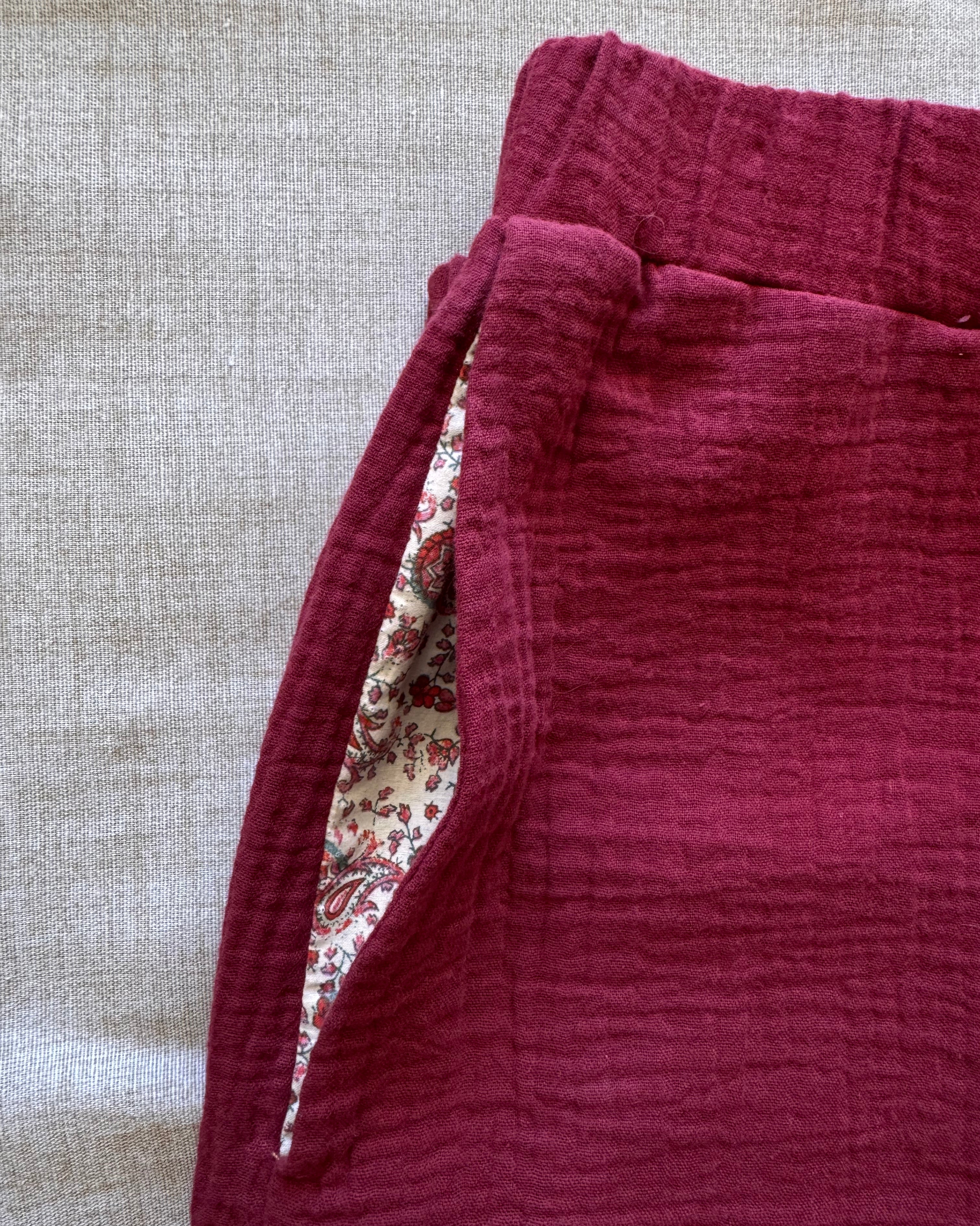 Pantalon coton barrel leg double gaze lie de vin détail poche