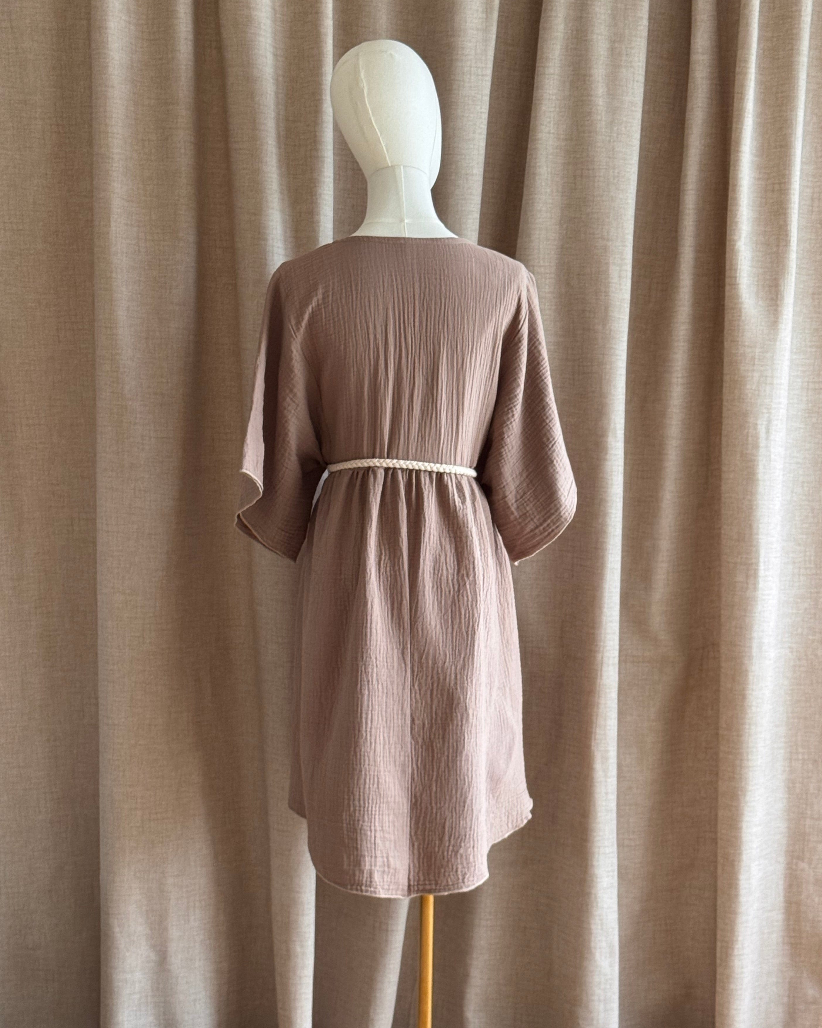 Robe baby doll double gaze blé mûr coton de dos ceinturée