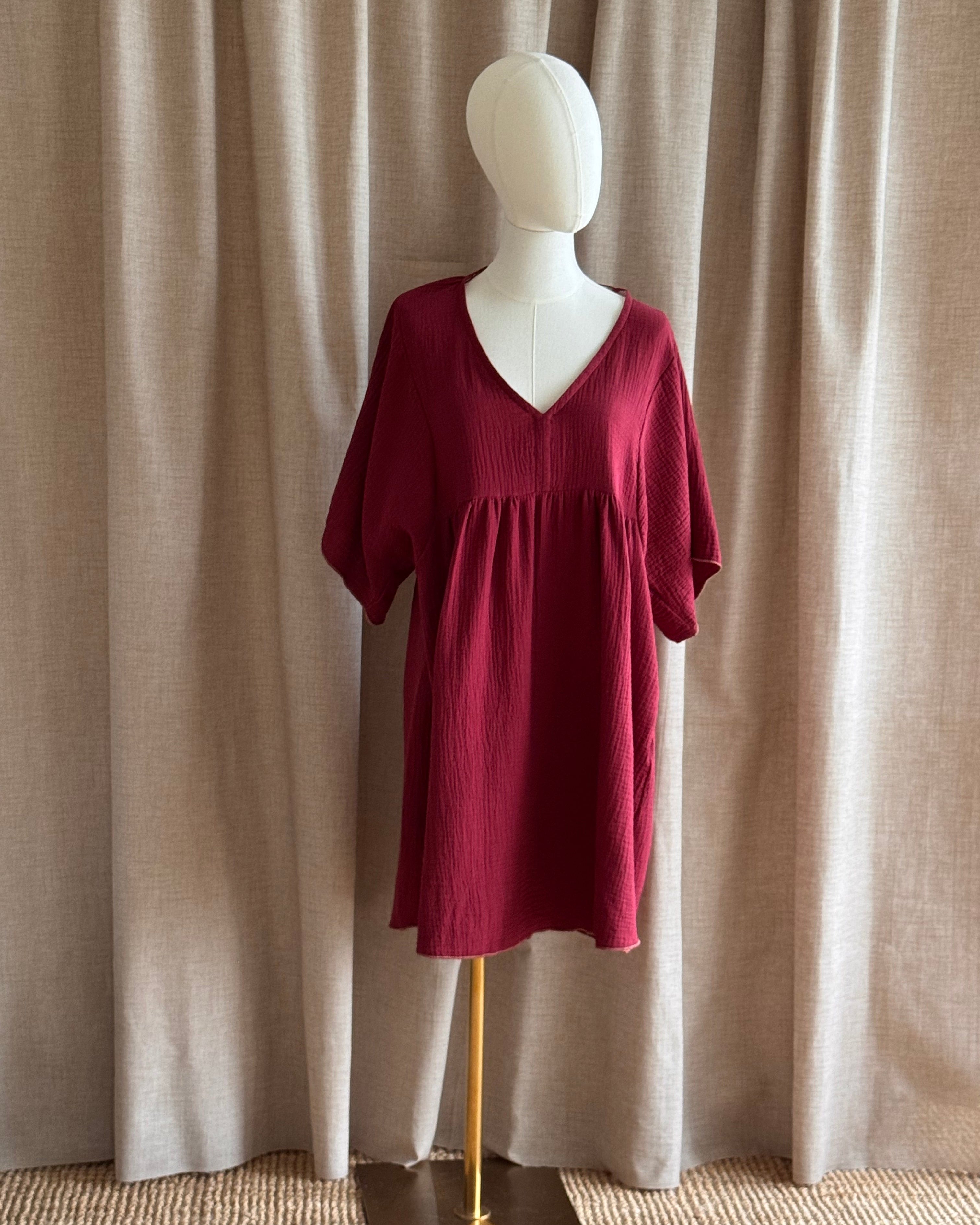 Robe baby doll double gaze lie de vin coton de face non ceinturée