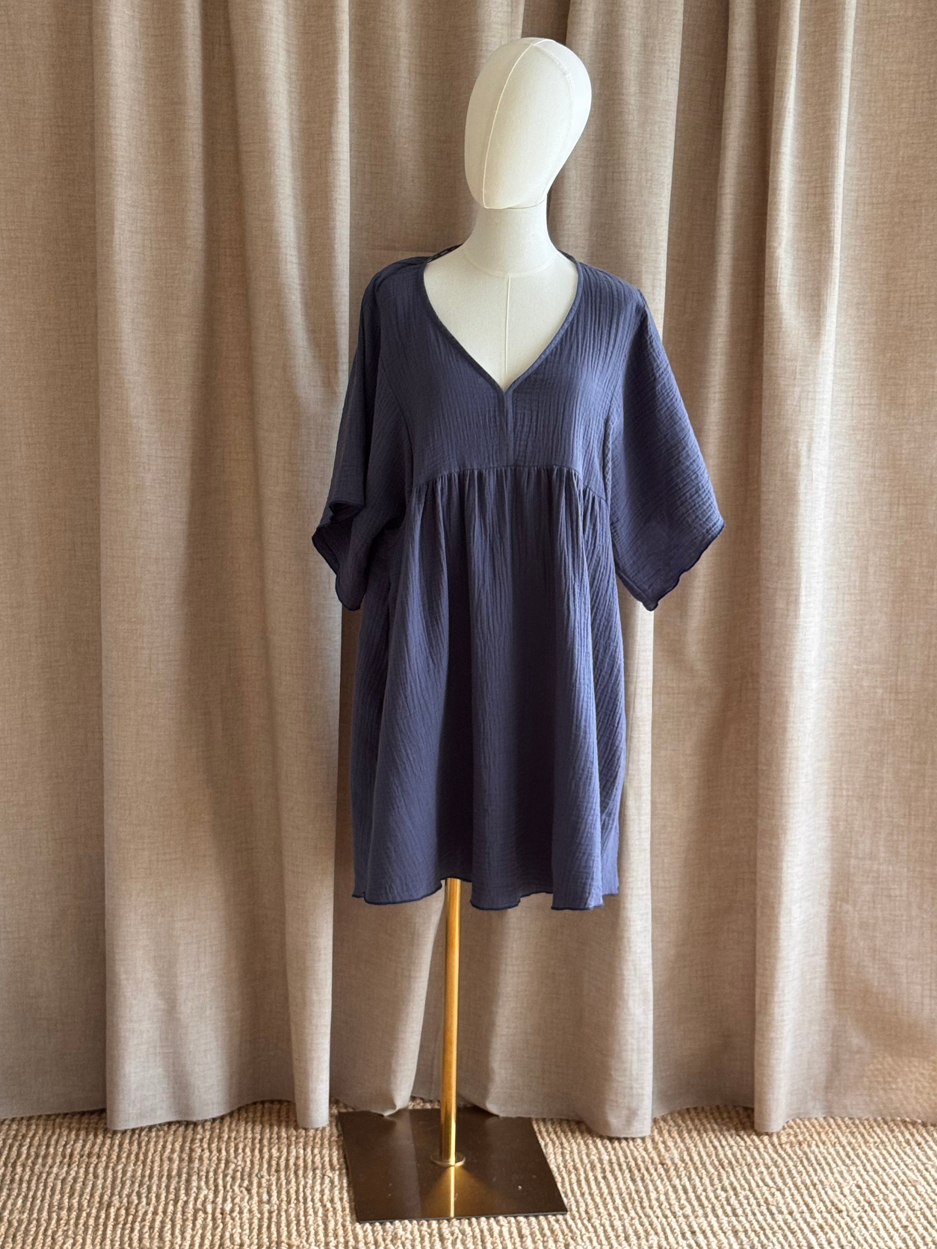 robe baby doll double gaze coton bleu orage non ceinturée de face